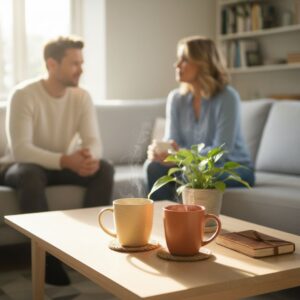 Two warm mugs on a table, symbolizing taking a calm time-out during a couple's disagreement.