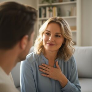 A person listening with genuine empathy and understanding to their partner who is speaking off-camera.