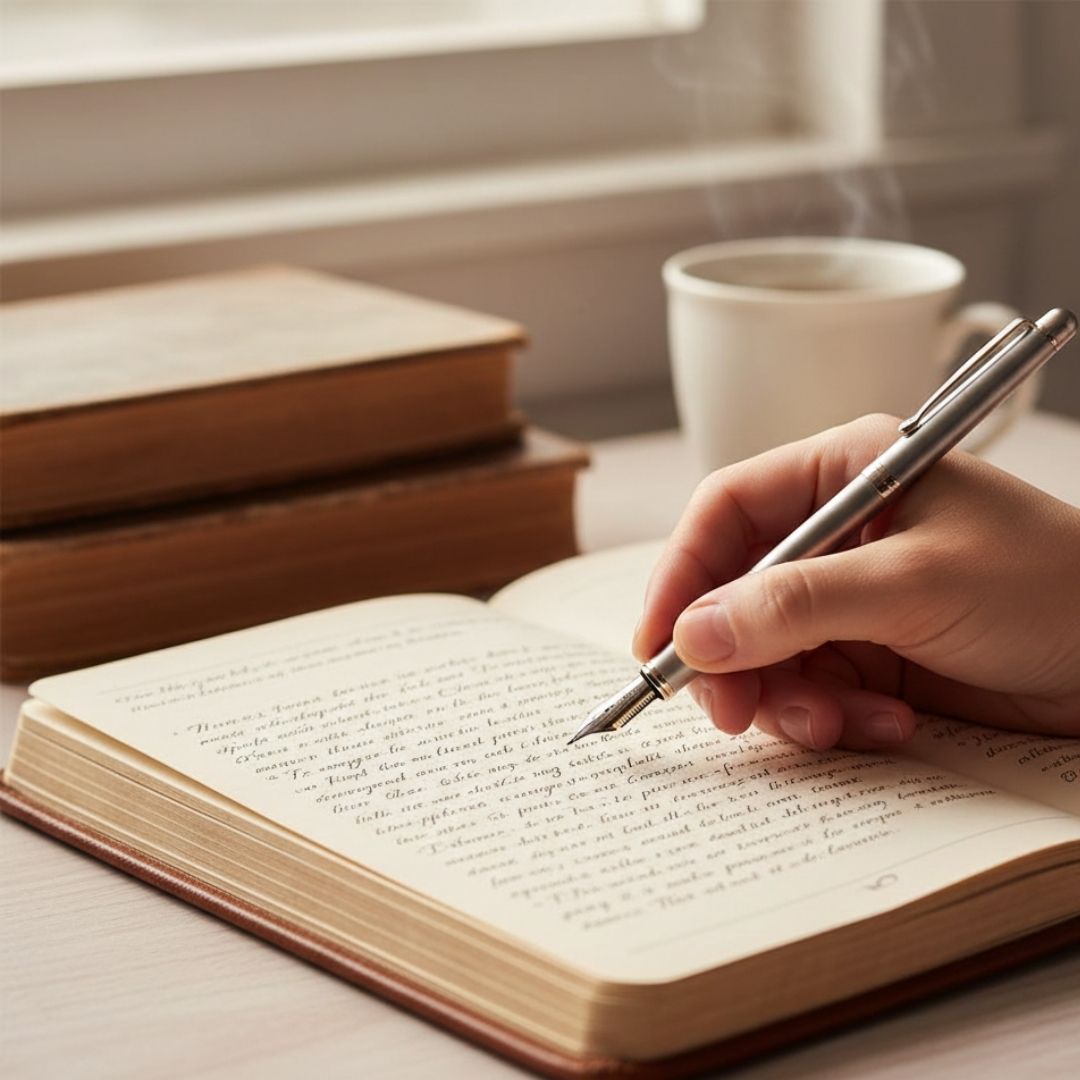 A close-up of a hand journaling with a fountain pen in a leather notebook.