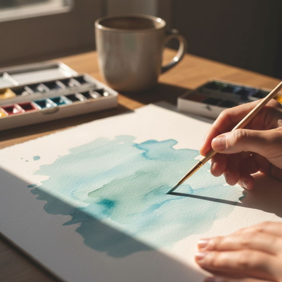 Soft watercolor paint on paper with a paintbrush, representing visual art as a healing outlet.