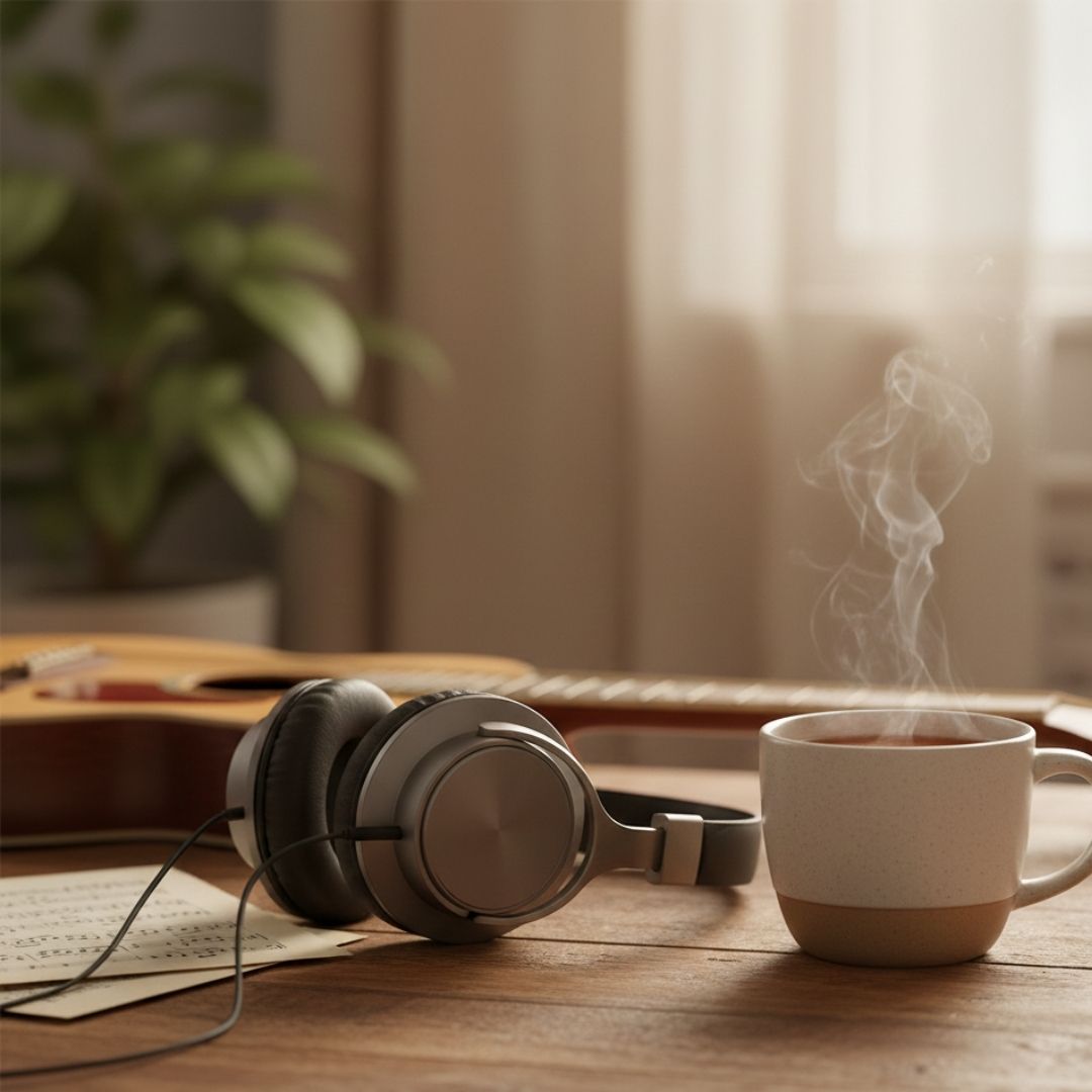 Headphones and a warm cup of tea on a wooden surface, representing the comfort of music.