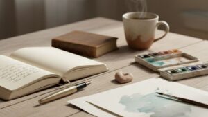 A serene wooden table with a journal and art supplies in soft natural light, symbolizing creative healing.