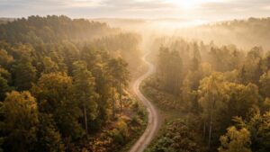 A breathtaking high-angle view of a winding gravel path leading through a misty, golden forest at sunrise, symbolizing a peaceful journey and emotional transition.