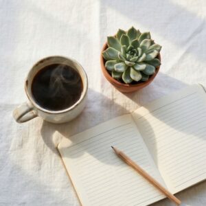 An organized overhead flat lay of a white linen table featuring a steaming ceramic mug of coffee, a small potted succulent, and an open notebook with a wooden pencil.