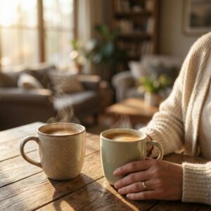 An intimate, warm interior shot of two ceramic coffee mugs on a rustic wooden table, with a person's hand resting nearby, suggesting a supportive and healing conversation.