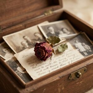 A close-up of an open vintage wooden box containing sepia-toned family photographs, a handwritten letter, and a single dried red rose, representing cherished memories and legacy.