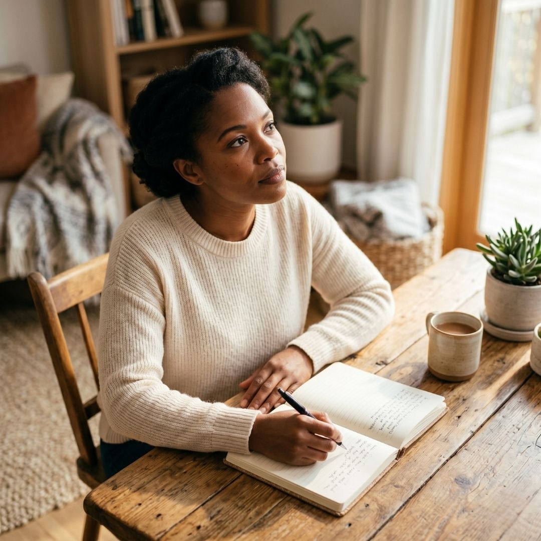 A woman sitting at a wooden table, looking thoughtfully out a window while holding a pen over an open journal.