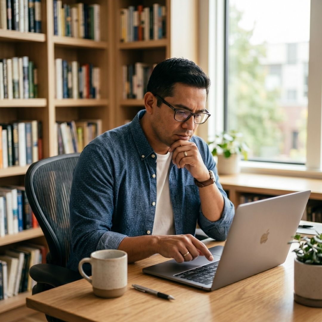 A man with glasses sitting at a desk in front of a laptop, resting his chin on his hand in deep concentration.