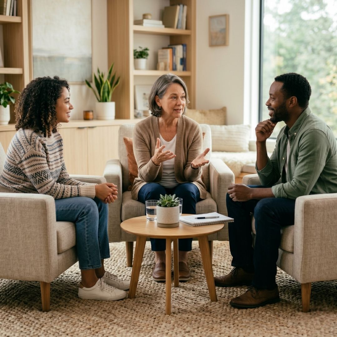 A female counselor talking with a young man and woman during a therapy session in a bright, comfortable office.
