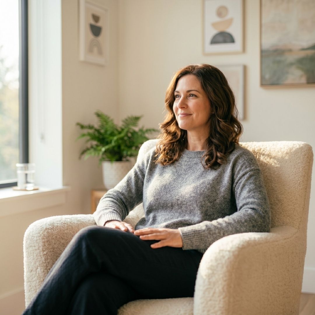 A woman sitting comfortably in a plush armchair, smiling calmly and looking toward a window.