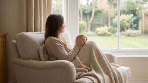 woman thoughtfully looking out the window